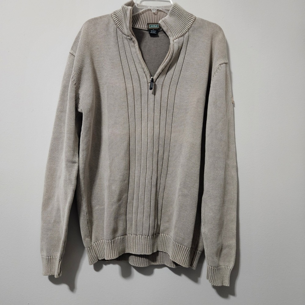 Aigle Cotton Ribbed Quarter Zip‎ Sweater Mens XL Quiet Luxury Coastal Grandpa
